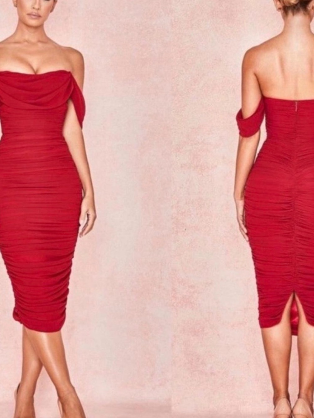 House of CB Red Off-Shoulder Ruched Midi Dress - Picture 2 of 6